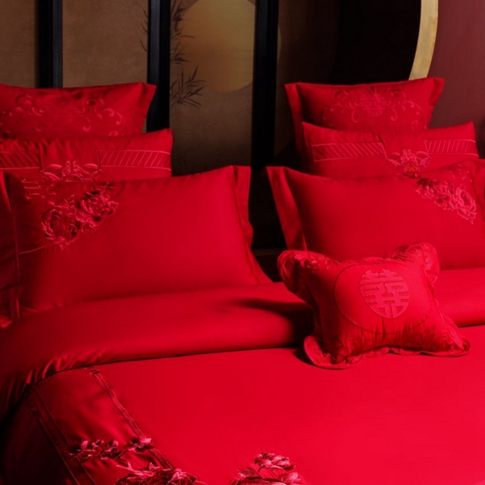 91家纺网 家纺一手货源 找家纺 布乐意 2025新款全棉长绒棉贡缎提花全工艺喷气重工新中式绣花大红婚庆四件套多件套直播喜结良缘【红】