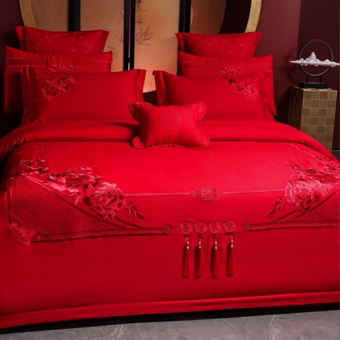 91家纺网 家纺一手货源 找家纺 布乐意 2025新款全棉长绒棉贡缎提花全工艺喷气重工新中式绣花大红婚庆四件套多件套直播喜结良缘【红】
