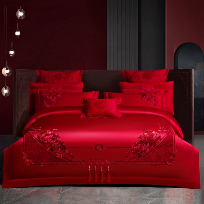 91家纺网 家纺一手货源 找家纺 布乐意 2025新款全棉长绒棉贡缎提花全工艺喷气重工新中式绣花大红婚庆四件套多件套直播喜结良缘【红】