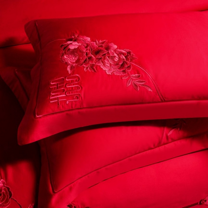 91家纺网 家纺一手货源 找家纺 布乐意 2025新款全棉长绒棉贡缎提花全工艺喷气重工新中式绣花大红婚庆四件套多件套直播喜结良缘【红】