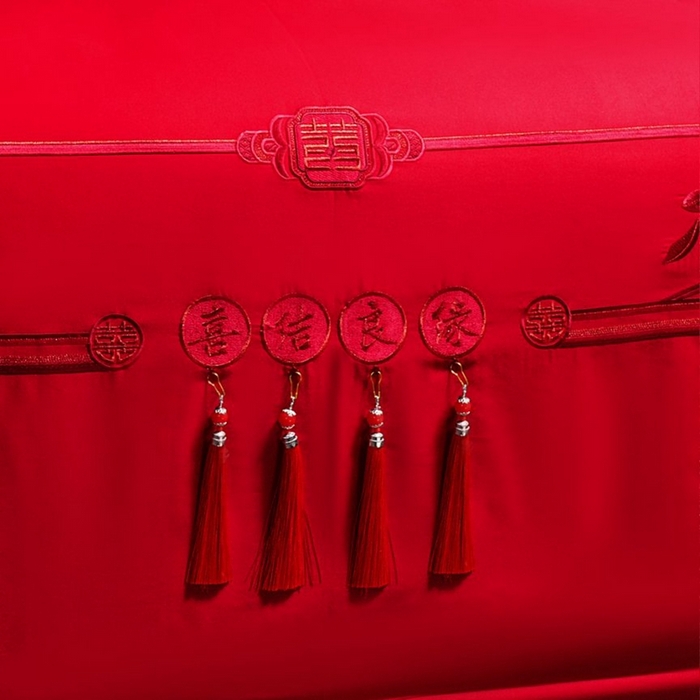 91家纺网 家纺一手货源 找家纺 布乐意 2025新款全棉长绒棉贡缎提花全工艺喷气重工新中式绣花大红婚庆四件套多件套直播喜结良缘【红】