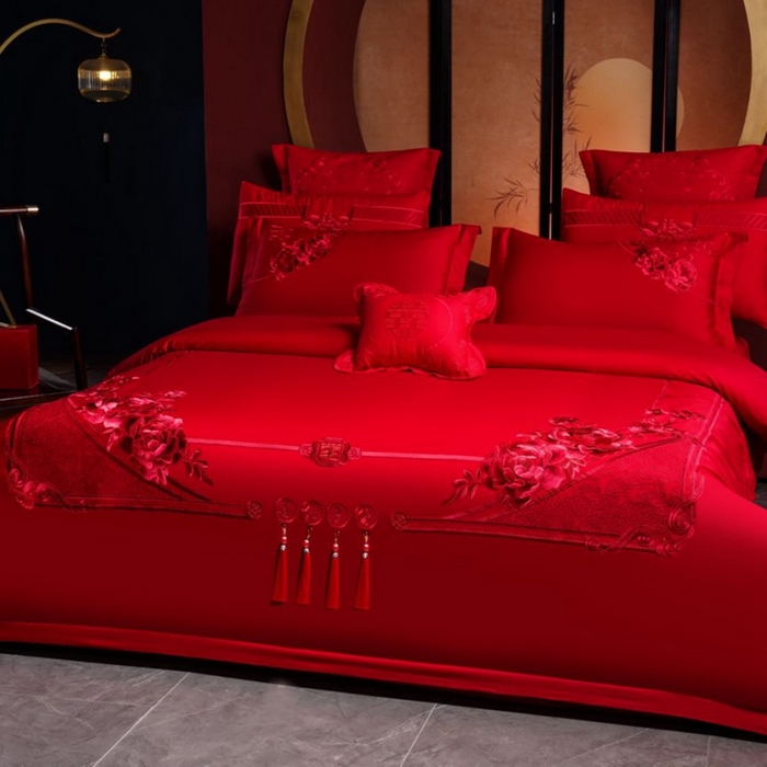 91家纺网 家纺一手货源 找家纺 布乐意 2025新款全棉长绒棉贡缎提花全工艺喷气重工新中式绣花大红婚庆四件套多件套直播喜结良缘【红】