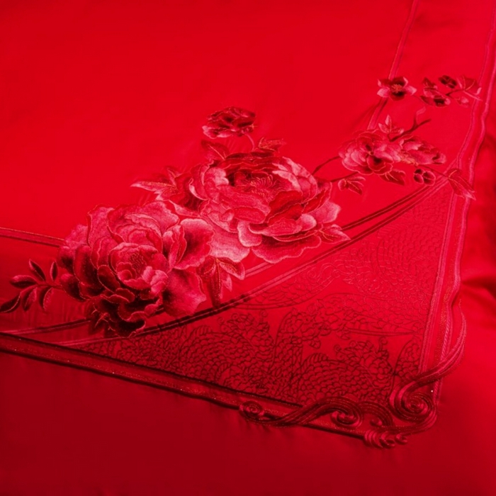 91家纺网 家纺一手货源 找家纺 布乐意 2025新款全棉长绒棉贡缎提花全工艺喷气重工新中式绣花大红婚庆四件套多件套直播喜结良缘【红】