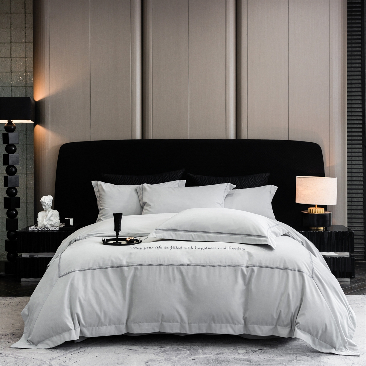 鼎飞家纺 2025新款秋冬全棉加厚磨毛刺绣四件套-柏林 柏林-浅灰