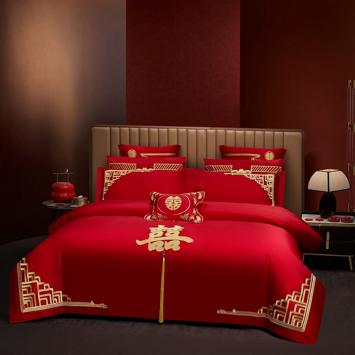 91家纺网 家纺一手货源 找家纺 布乐意 2025新款全棉长绒棉贡缎提花全工艺喷气重工新中式绣花大红婚庆四件套多件套直播一见钟情