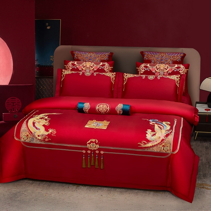 91家纺网 家纺一手货源 找家纺 布乐意 2025新款全棉长绒棉贡缎提花全工艺喷气重工新中式绣花大红婚庆四件套多件套直播早生贵子