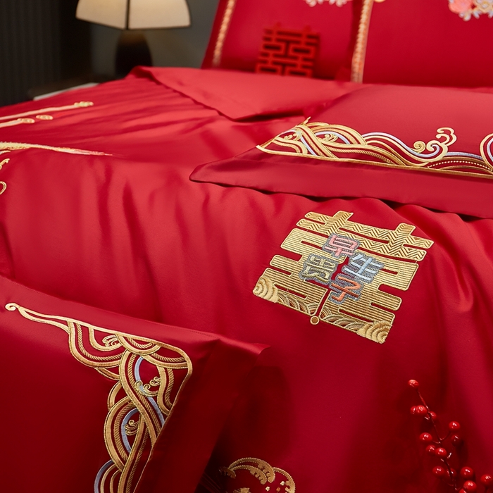 91家纺网 家纺一手货源 找家纺 布乐意 2025新款全棉长绒棉贡缎提花全工艺喷气重工新中式绣花大红婚庆四件套多件套直播早生贵子