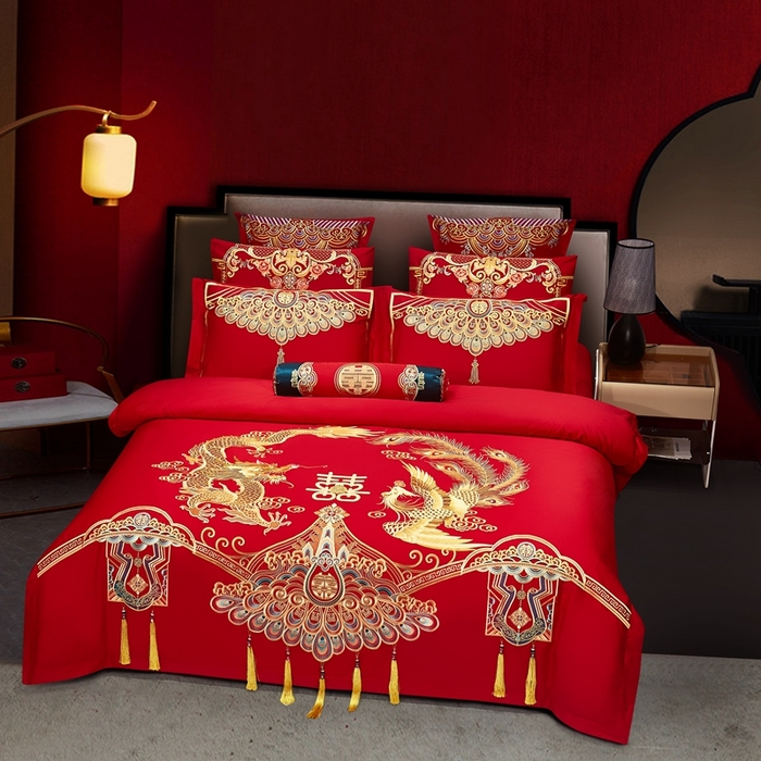 91家纺网 家纺一手货源 找家纺 布乐意 2025新款全棉长绒棉贡缎提花全工艺喷气重工新中式绣花大红婚庆四件套多件套直播至尊龙凤