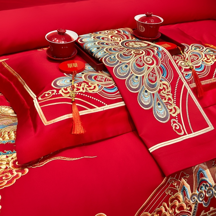 91家纺网 家纺一手货源 找家纺 布乐意 2025新款全棉长绒棉贡缎提花全工艺喷气重工新中式绣花大红婚庆四件套多件套直播至尊龙凤