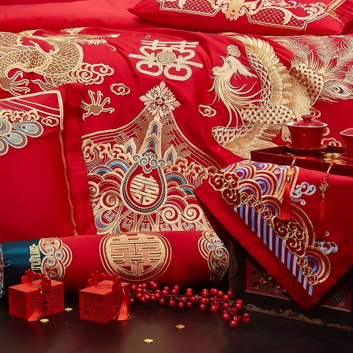 91家纺网 家纺一手货源 找家纺 布乐意 2025新款全棉长绒棉贡缎提花全工艺喷气重工新中式绣花大红婚庆四件套多件套直播至尊龙凤