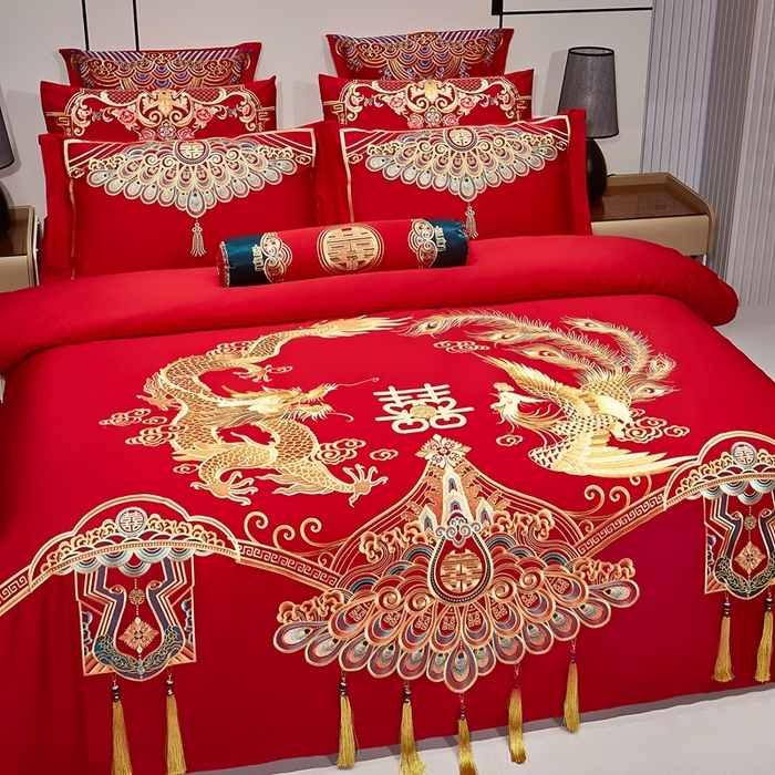 91家纺网 家纺一手货源 找家纺 布乐意 2025新款全棉长绒棉贡缎提花全工艺喷气重工新中式绣花大红婚庆四件套多件套直播至尊龙凤