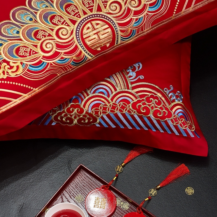 91家纺网 家纺一手货源 找家纺 布乐意 2025新款全棉长绒棉贡缎提花全工艺喷气重工新中式绣花大红婚庆四件套多件套直播至尊龙凤