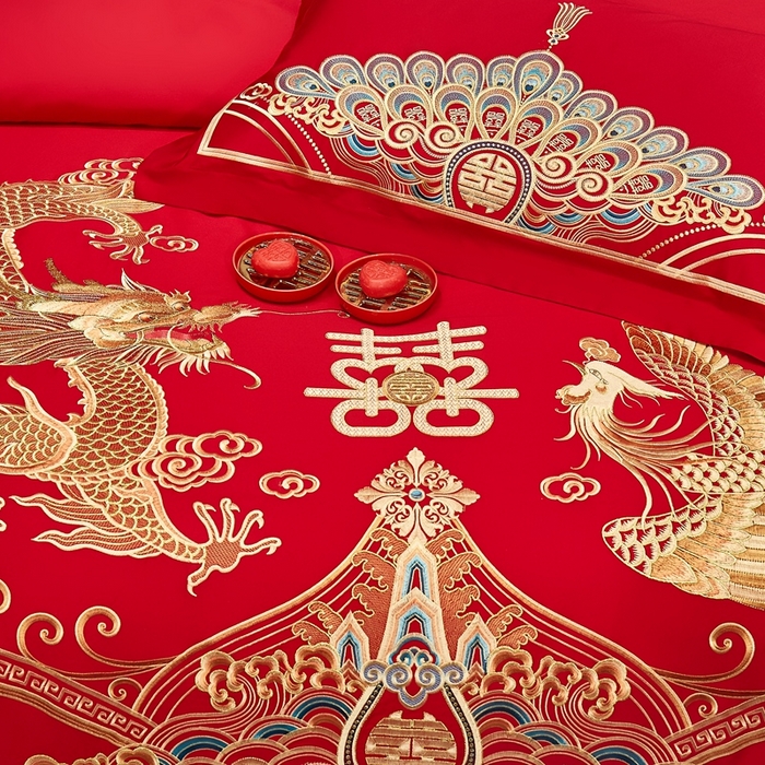 91家纺网 家纺一手货源 找家纺 布乐意 2025新款全棉长绒棉贡缎提花全工艺喷气重工新中式绣花大红婚庆四件套多件套直播至尊龙凤