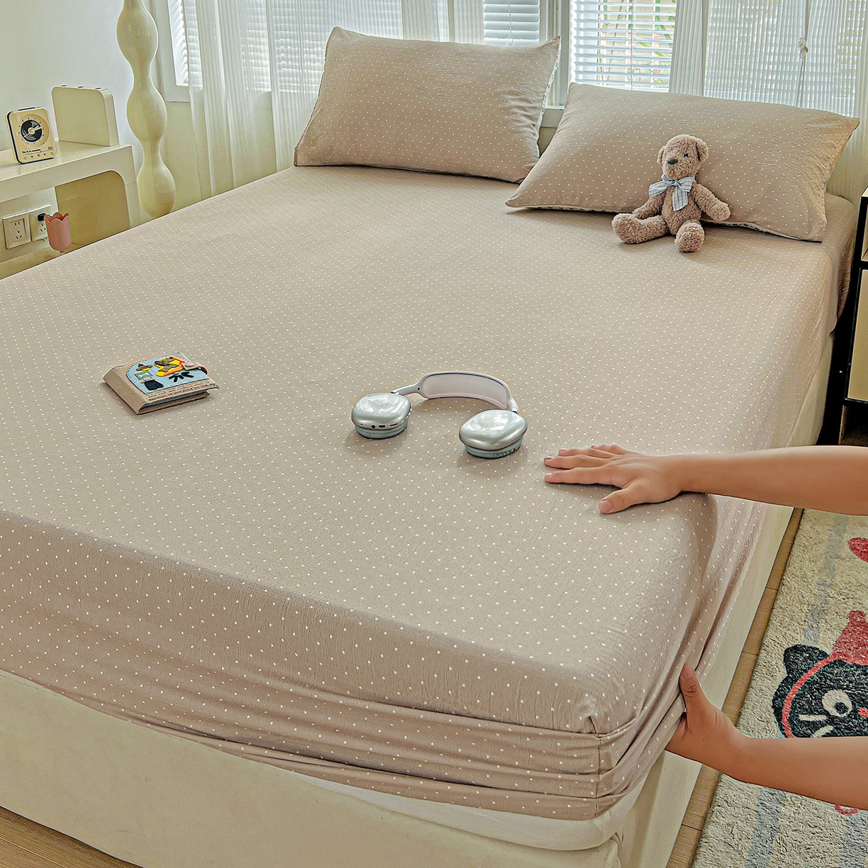 91家纺网 家纺一手货源 找家纺 （总）格真 2025秋冬新款110克高克重提花加厚皱皱纱双层纱印花单床笠