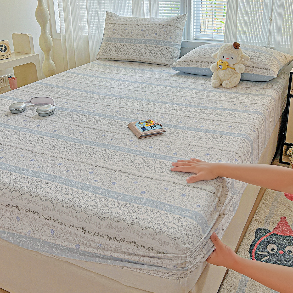 91家纺网 家纺一手货源 找家纺 （总）格真 2025秋冬新款110克高克重提花加厚皱皱纱双层纱印花单床笠