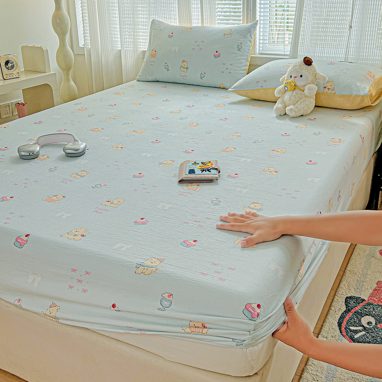 91家纺网 家纺一手货源 找家纺 （总）格真 2025秋冬新款110克高克重提花加厚皱皱纱双层纱印花单床笠