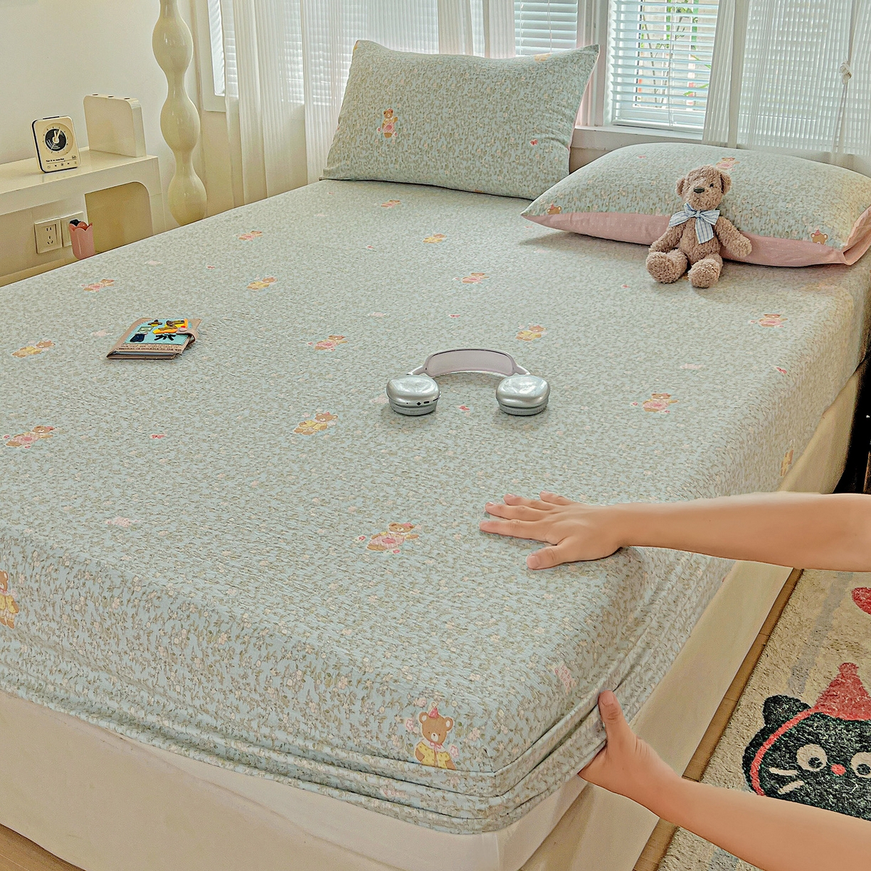 91家纺网 家纺一手货源 找家纺 （总）格真 2025秋冬新款110克高克重提花加厚皱皱纱双层纱印花单床笠