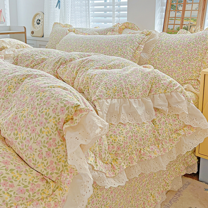 91家纺网 家纺一手货源 找家纺 （总）梦莱斯 2025新款田园碎花纯棉花边四件套-床盖款