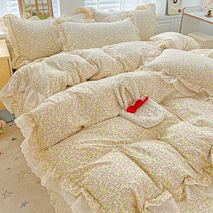 91家纺网 家纺一手货源 找家纺 （总）梦莱斯 2025新款田园碎花纯棉花边四件套-床盖款