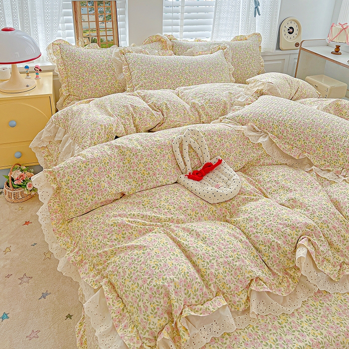 91家纺网 家纺一手货源 找家纺 （总）梦莱斯 2025新款田园碎花纯棉花边四件套-床盖款