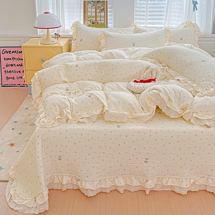 91家纺网 家纺一手货源 找家纺 梦莱斯 2025新款田园碎花纯棉花边四件套-床盖款 恋爱季