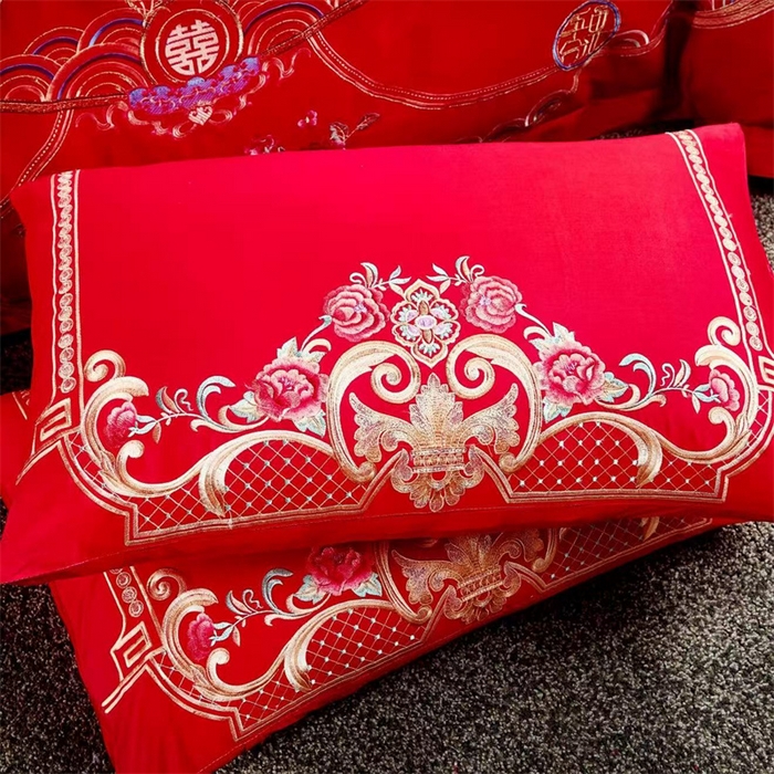 91家纺网 家纺一手货源 找家纺 布乐意 2025新款全棉长绒棉贡缎提花全工艺喷气重工新中式绣花大红婚庆四件套多件套直播龙姿凤彩