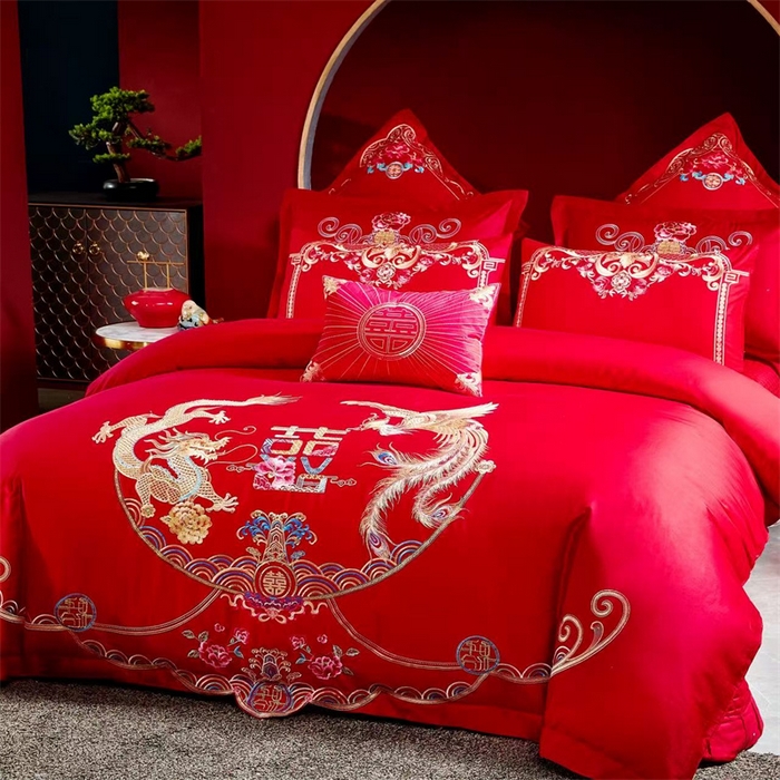 91家纺网 家纺一手货源 找家纺 布乐意 2025新款全棉长绒棉贡缎提花全工艺喷气重工新中式绣花大红婚庆四件套多件套直播龙姿凤彩