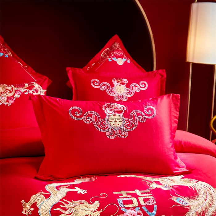 91家纺网 家纺一手货源 找家纺 布乐意 2025新款全棉长绒棉贡缎提花全工艺喷气重工新中式绣花大红婚庆四件套多件套直播龙姿凤彩