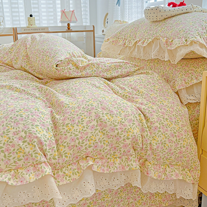 91家纺网 家纺一手货源 找家纺 梦莱斯 2025新款田园碎花纯棉花边四件套-床盖款 采薇