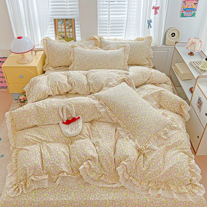 91家纺网 家纺一手货源 找家纺 梦莱斯 2025新款田园碎花纯棉花边四件套-床盖款 采薇