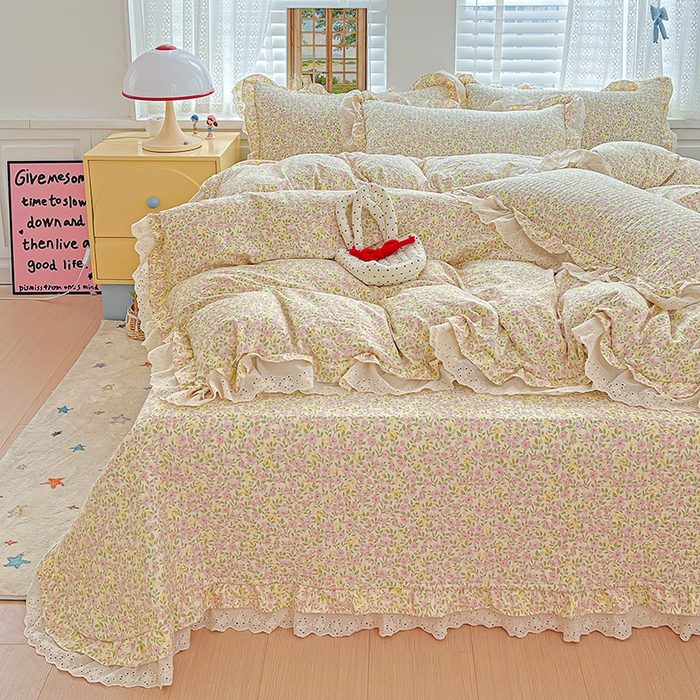 91家纺网 家纺一手货源 找家纺 梦莱斯 2025新款田园碎花纯棉花边四件套-床盖款 采薇