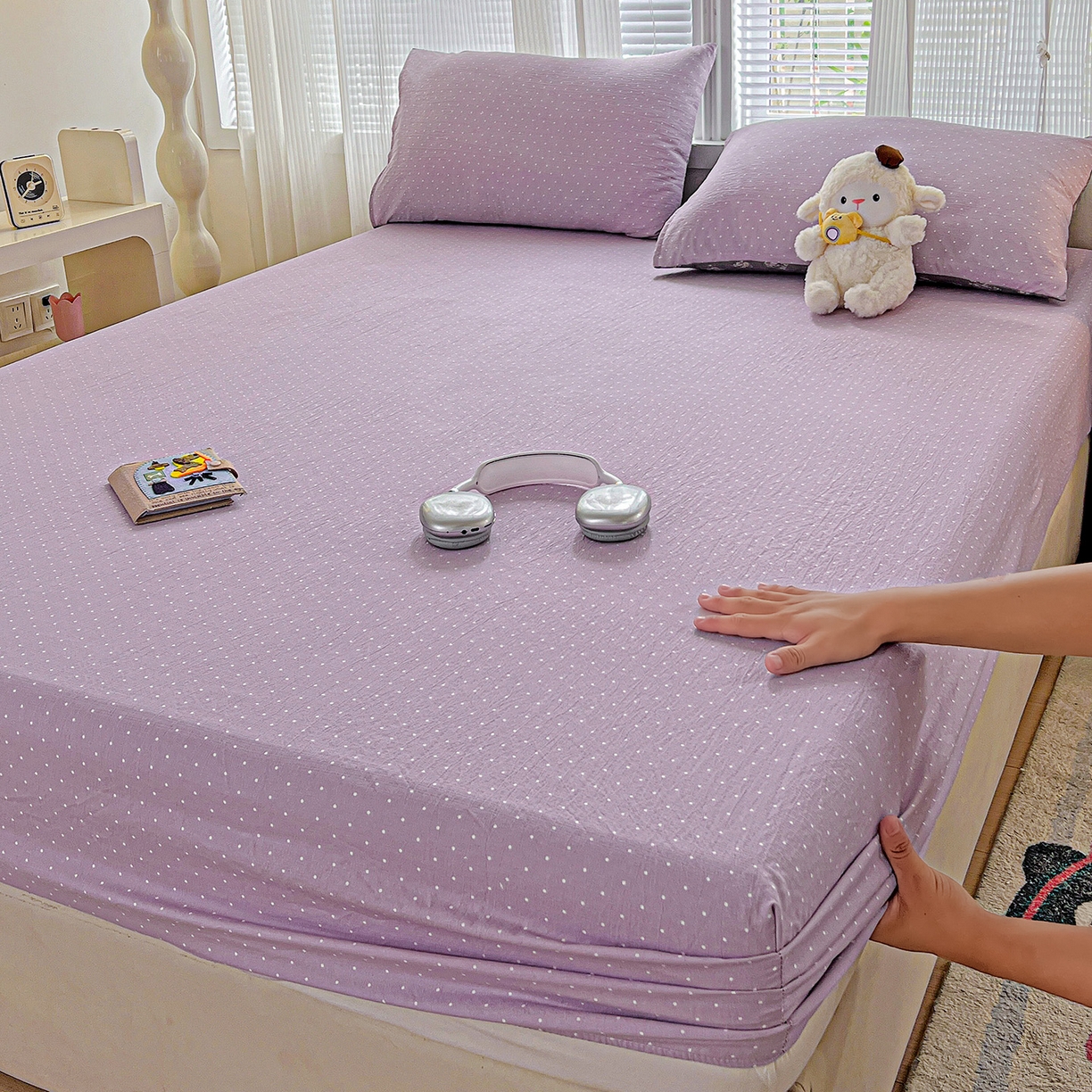 格真 2025秋冬新款110克高克重提花加厚皱皱纱双层纱印花单床笠 波点-丁香紫