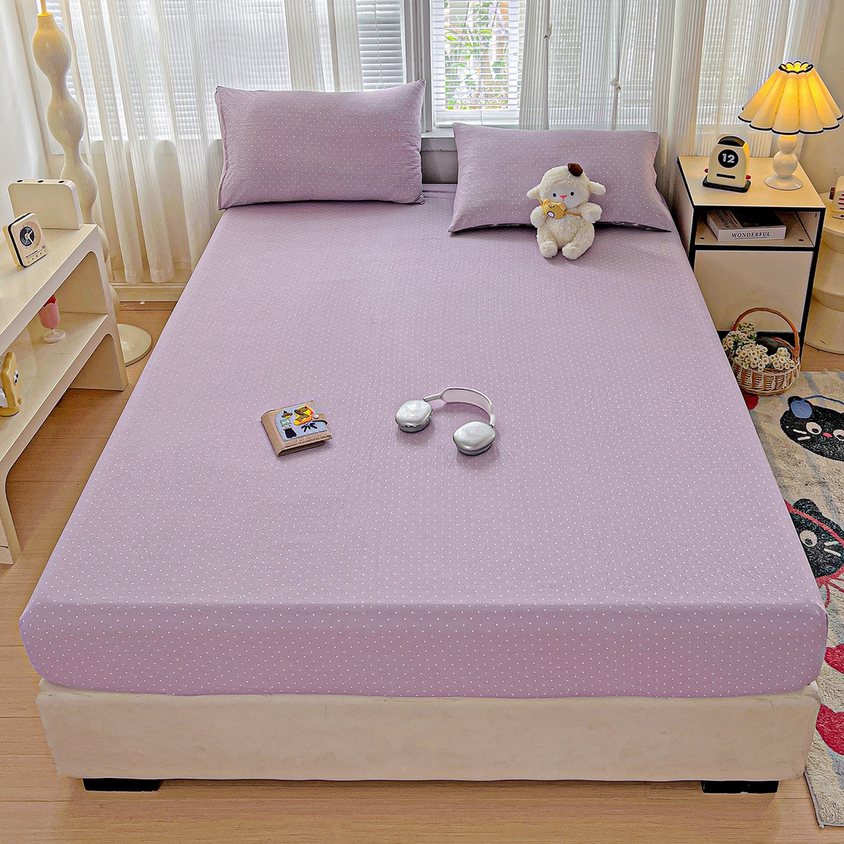 91家纺网 家纺一手货源 找家纺 格真 2025秋冬新款110克高克重提花加厚皱皱纱双层纱印花单床笠 波点-丁香紫