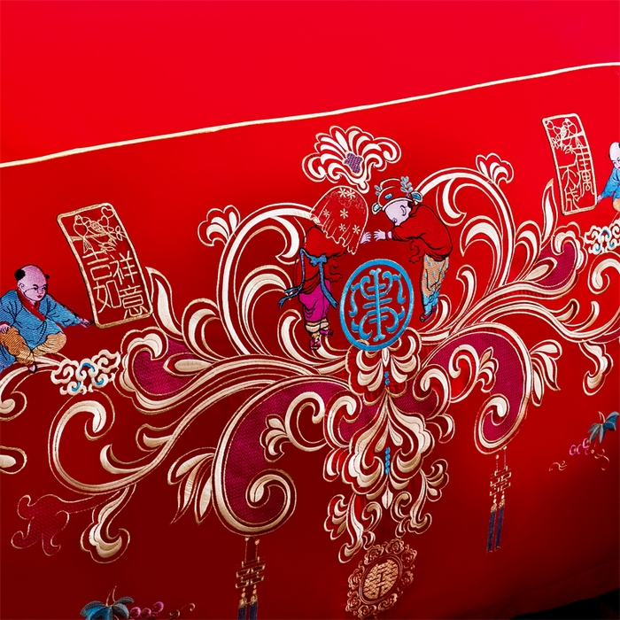 91家纺网 家纺一手货源 找家纺 布乐意 2025新款全棉长绒棉贡缎提花全工艺喷气重工新中式绣花大红婚庆四件套多件套直播佳偶天成