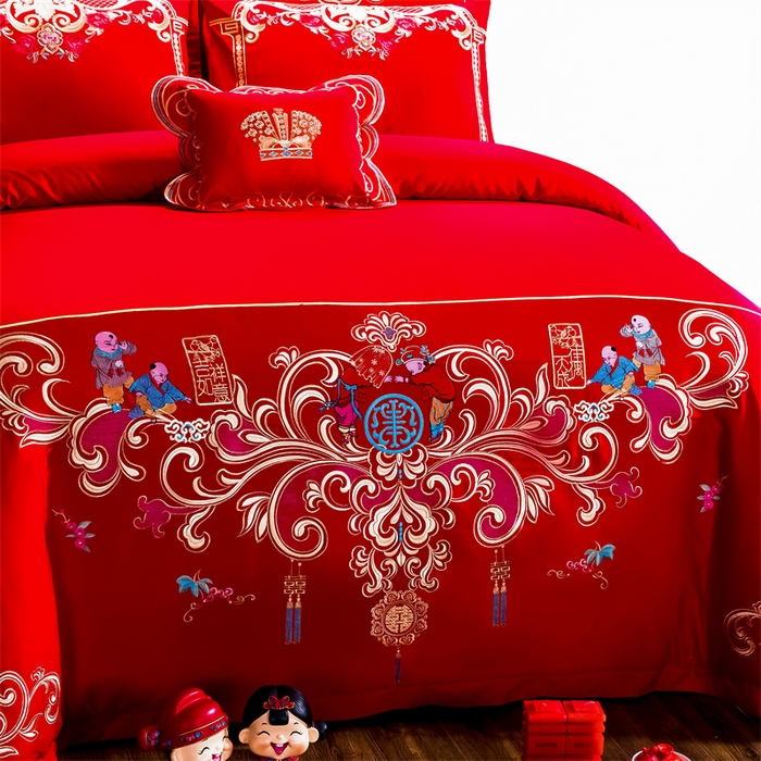 91家纺网 家纺一手货源 找家纺 布乐意 2025新款全棉长绒棉贡缎提花全工艺喷气重工新中式绣花大红婚庆四件套多件套直播佳偶天成