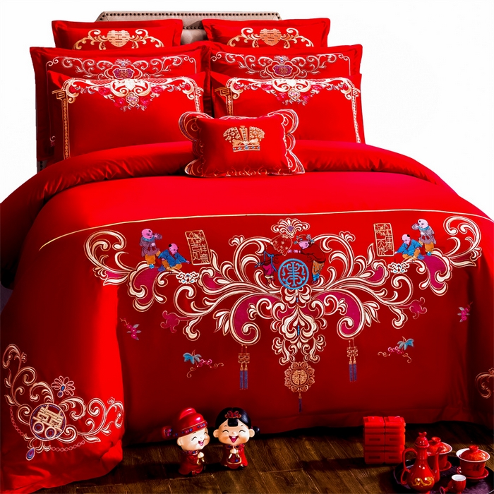 布乐意 2025新款全棉长绒棉贡缎提花全工艺喷气重工新中式绣花大红婚庆四件套多件套直播佳偶天成