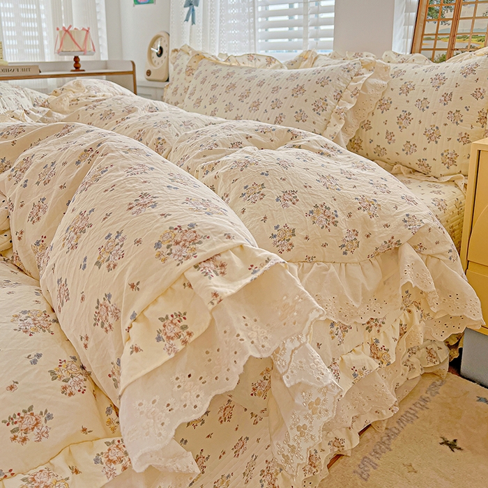 91家纺网 家纺一手货源 找家纺 梦莱斯 2025新款田园碎花纯棉花边四件套-床盖款 莱茵