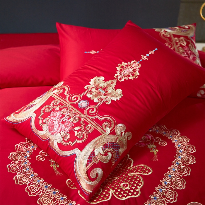 91家纺网 家纺一手货源 找家纺 布乐意 2025新款全棉长绒棉贡缎提花全工艺喷气重工新中式绣花大红婚庆四件套多件套直播吉祥如意