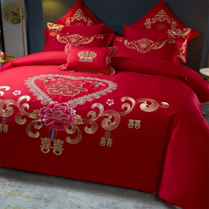 91家纺网 家纺一手货源 找家纺 布乐意 2025新款全棉长绒棉贡缎提花全工艺喷气重工新中式绣花大红婚庆四件套多件套直播吉祥如意
