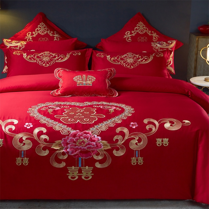 91家纺网 家纺一手货源 找家纺 布乐意 2025新款全棉长绒棉贡缎提花全工艺喷气重工新中式绣花大红婚庆四件套多件套直播吉祥如意