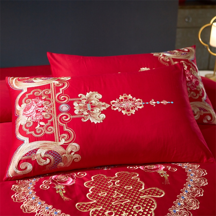 91家纺网 家纺一手货源 找家纺 布乐意 2025新款全棉长绒棉贡缎提花全工艺喷气重工新中式绣花大红婚庆四件套多件套直播吉祥如意