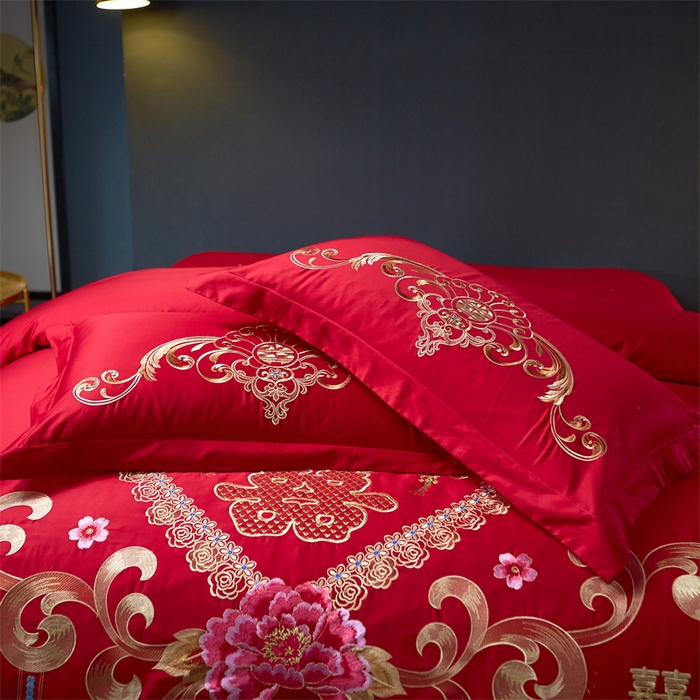91家纺网 家纺一手货源 找家纺 布乐意 2025新款全棉长绒棉贡缎提花全工艺喷气重工新中式绣花大红婚庆四件套多件套直播吉祥如意