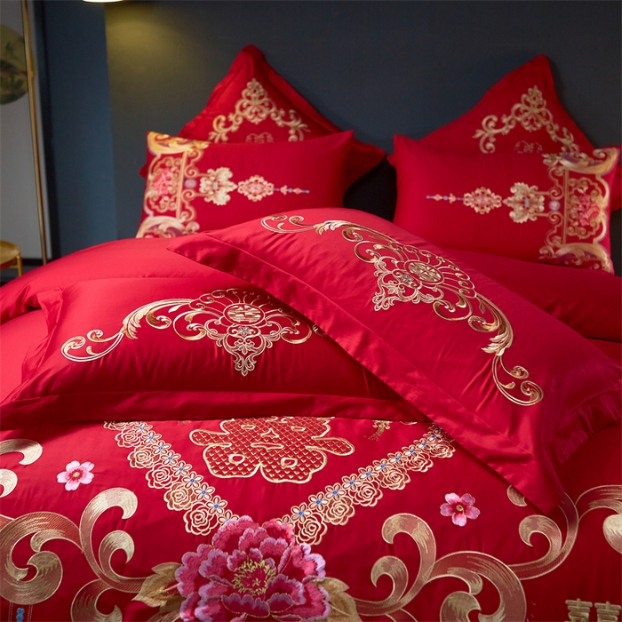 91家纺网 家纺一手货源 找家纺 布乐意 2025新款全棉长绒棉贡缎提花全工艺喷气重工新中式绣花大红婚庆四件套多件套直播吉祥如意