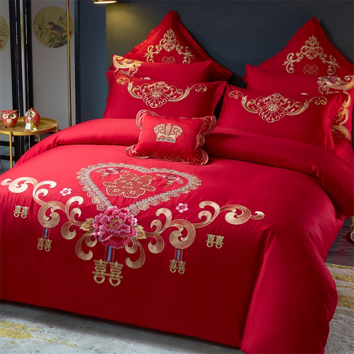 91家纺网 家纺一手货源 找家纺 布乐意 2025新款全棉长绒棉贡缎提花全工艺喷气重工新中式绣花大红婚庆四件套多件套直播吉祥如意