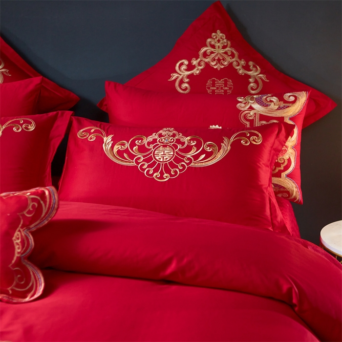 91家纺网 家纺一手货源 找家纺 布乐意 2025新款全棉长绒棉贡缎提花全工艺喷气重工新中式绣花大红婚庆四件套多件套直播吉祥如意