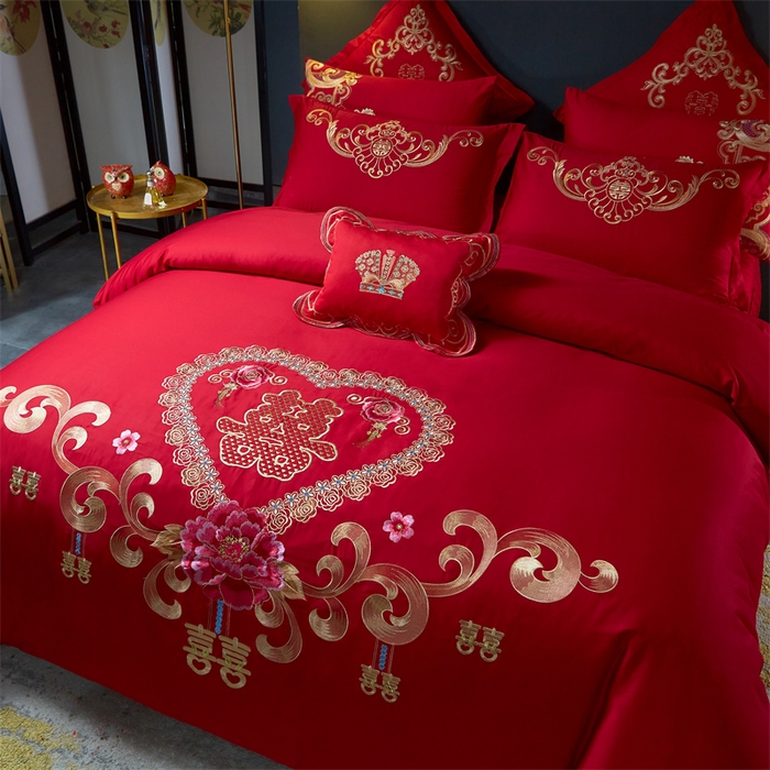 91家纺网 家纺一手货源 找家纺 布乐意 2025新款全棉长绒棉贡缎提花全工艺喷气重工新中式绣花大红婚庆四件套多件套直播吉祥如意