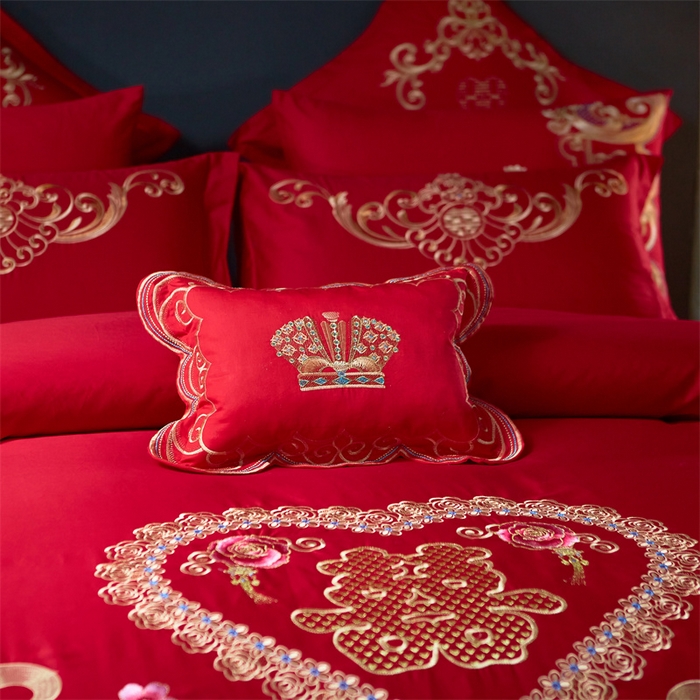 91家纺网 家纺一手货源 找家纺 布乐意 2025新款全棉长绒棉贡缎提花全工艺喷气重工新中式绣花大红婚庆四件套多件套直播吉祥如意