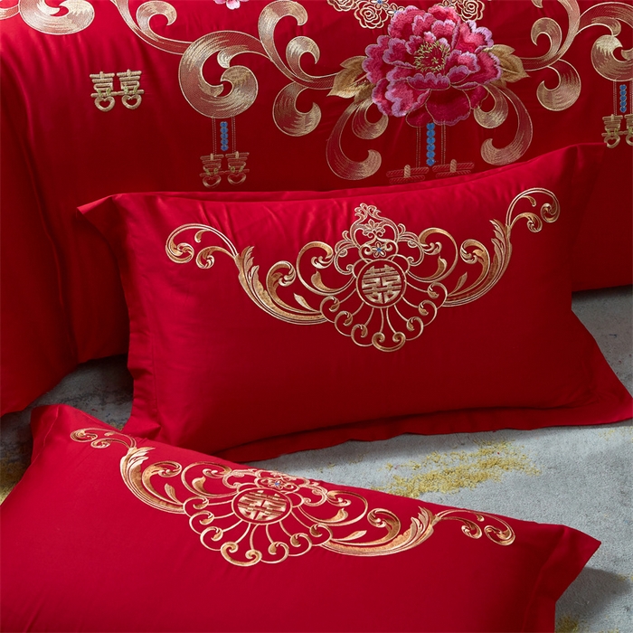 91家纺网 家纺一手货源 找家纺 布乐意 2025新款全棉长绒棉贡缎提花全工艺喷气重工新中式绣花大红婚庆四件套多件套直播吉祥如意