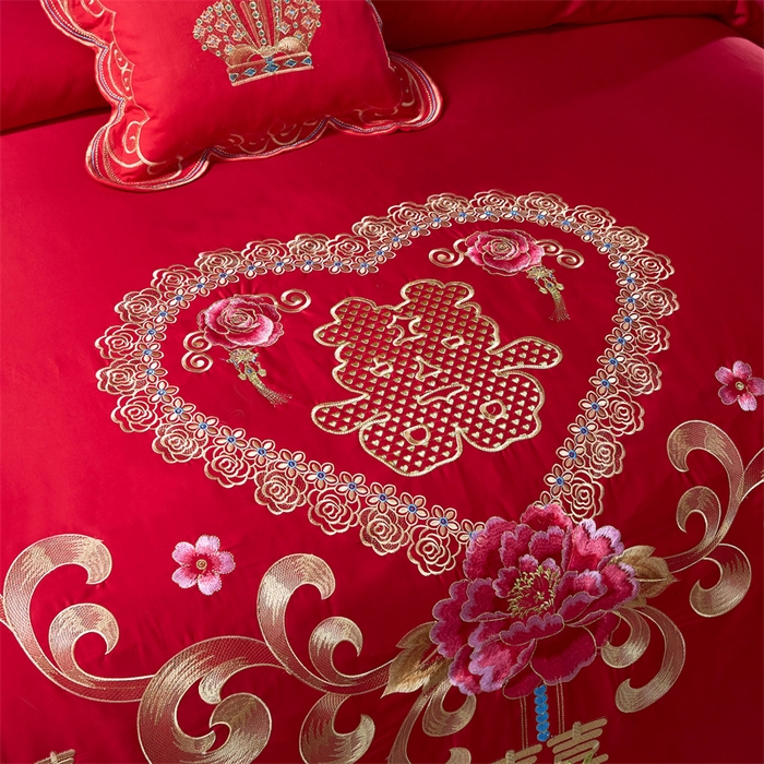91家纺网 家纺一手货源 找家纺 布乐意 2025新款全棉长绒棉贡缎提花全工艺喷气重工新中式绣花大红婚庆四件套多件套直播吉祥如意