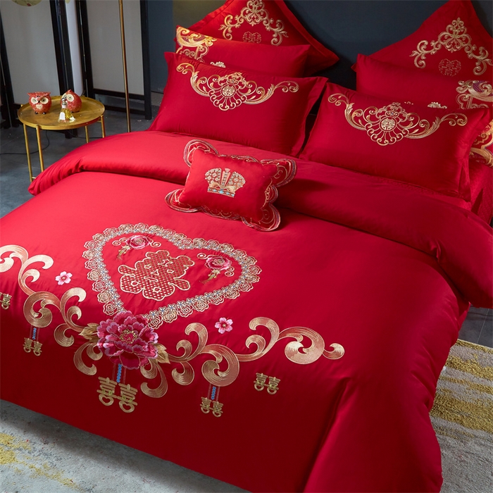 91家纺网 家纺一手货源 找家纺 布乐意 2025新款全棉长绒棉贡缎提花全工艺喷气重工新中式绣花大红婚庆四件套多件套直播吉祥如意